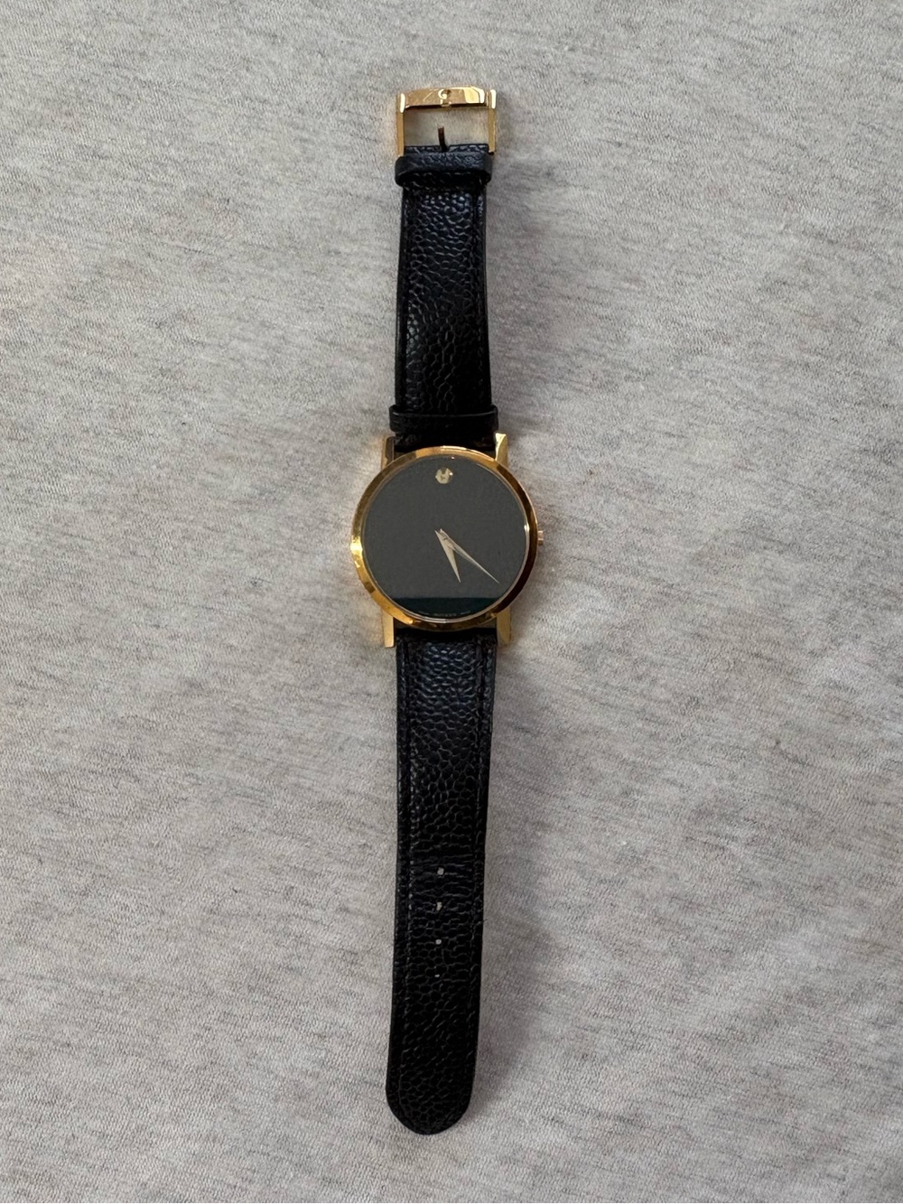 movado Gold Case Black Dial Leather Strap Watch